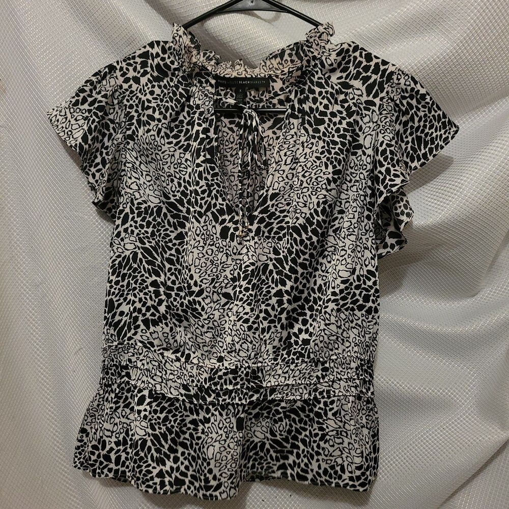 White House Black Market Womens S Short Sleeve Tunic Top Ruffle Black White